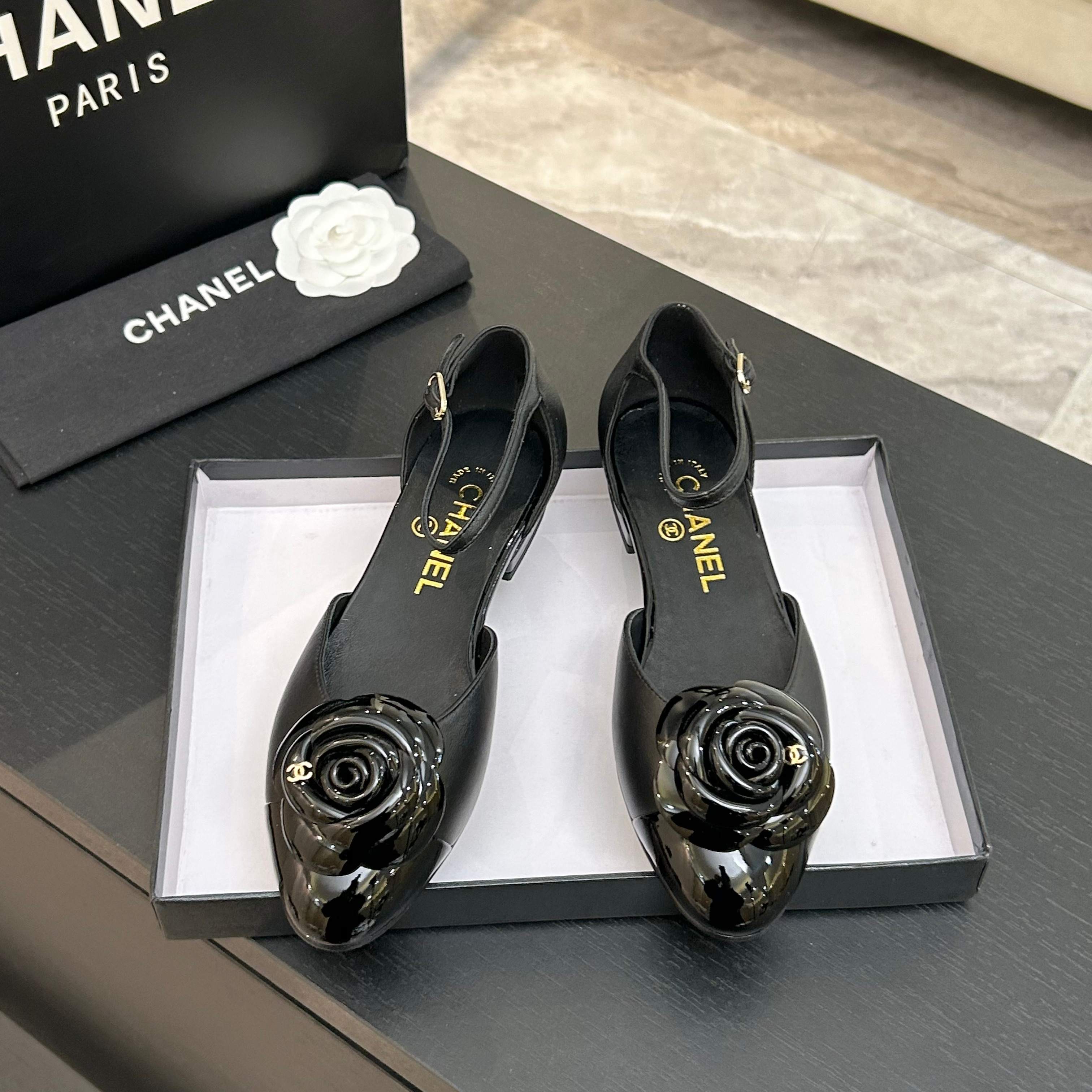 Chanel-Black-Camellia-Flower-Leather-Slingback-Ballet-Flats-Shoes-35To41