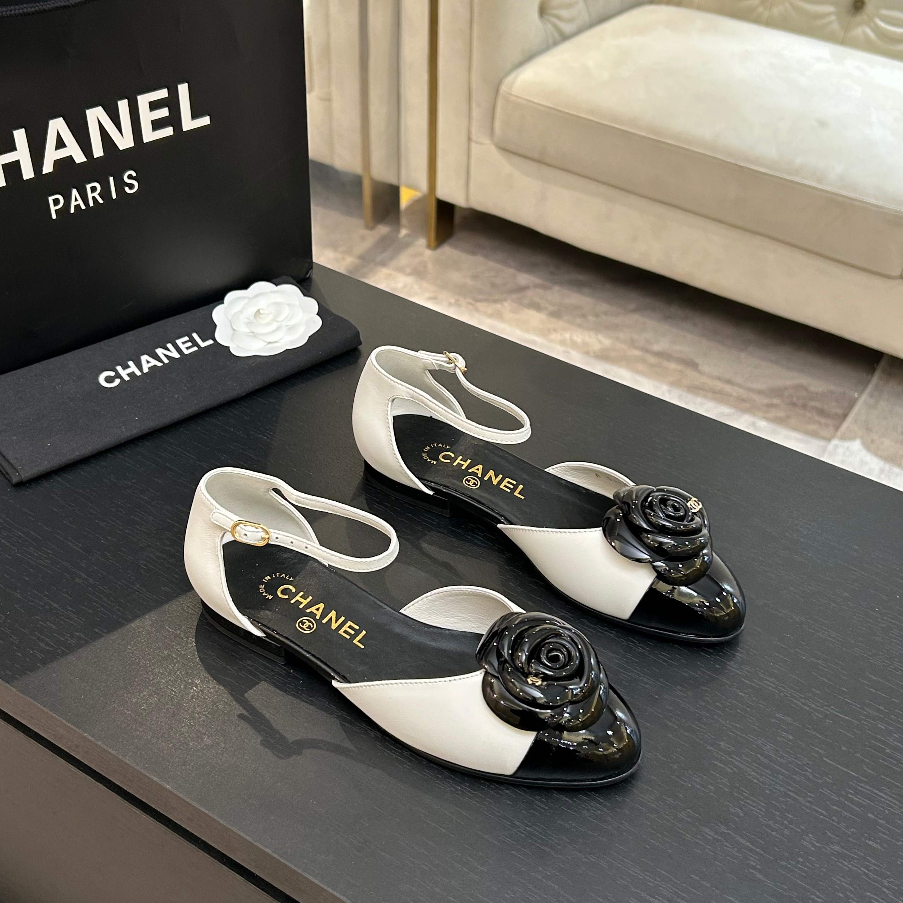 Chanel-Black-White-Camellia-Flower-Leather-Slingback-Ballet-Flats-Shoes-35To41