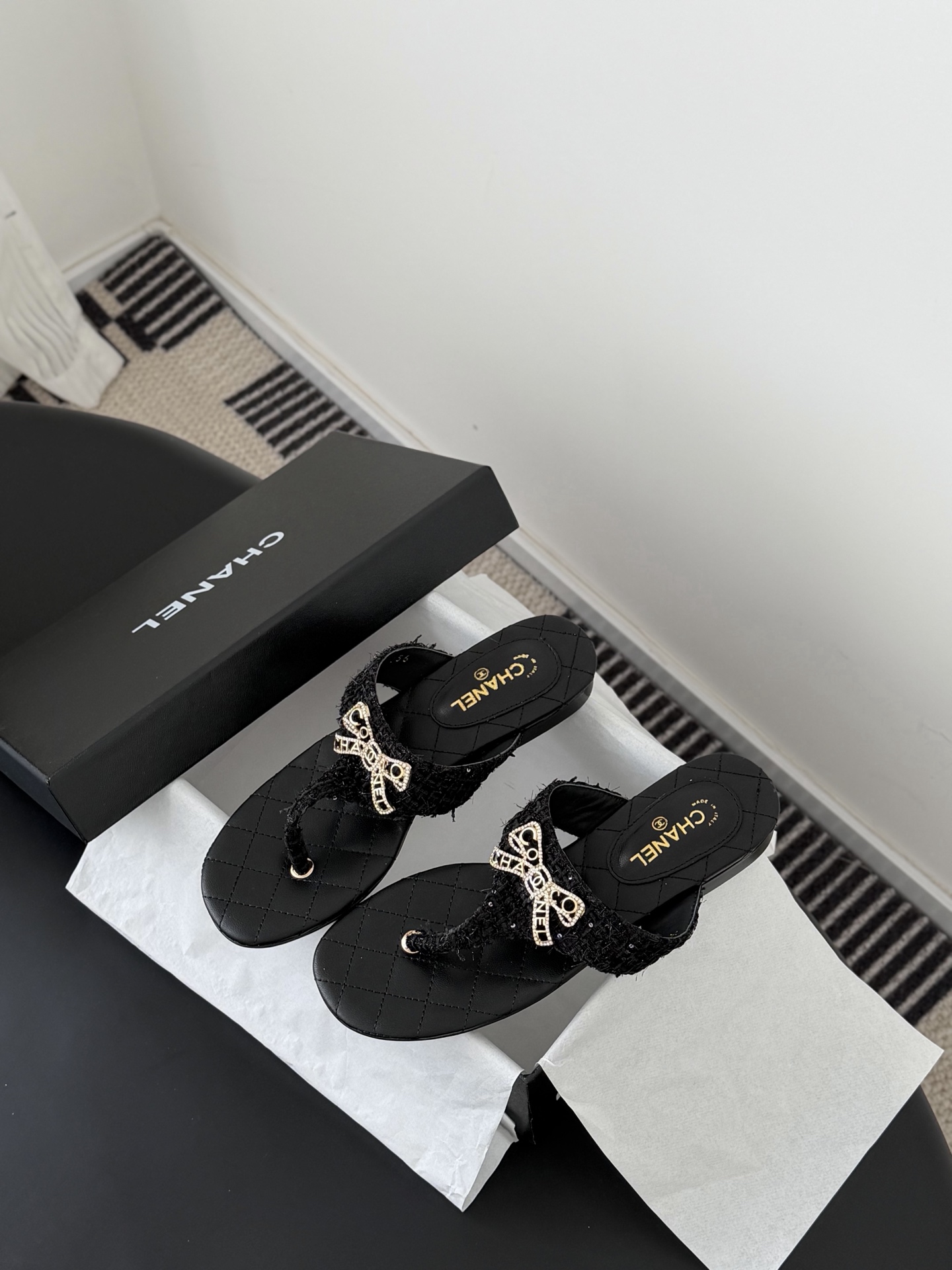 Chanel-Bowknot-Black-Tweed-Thong-Sandals-Shoes-35To39