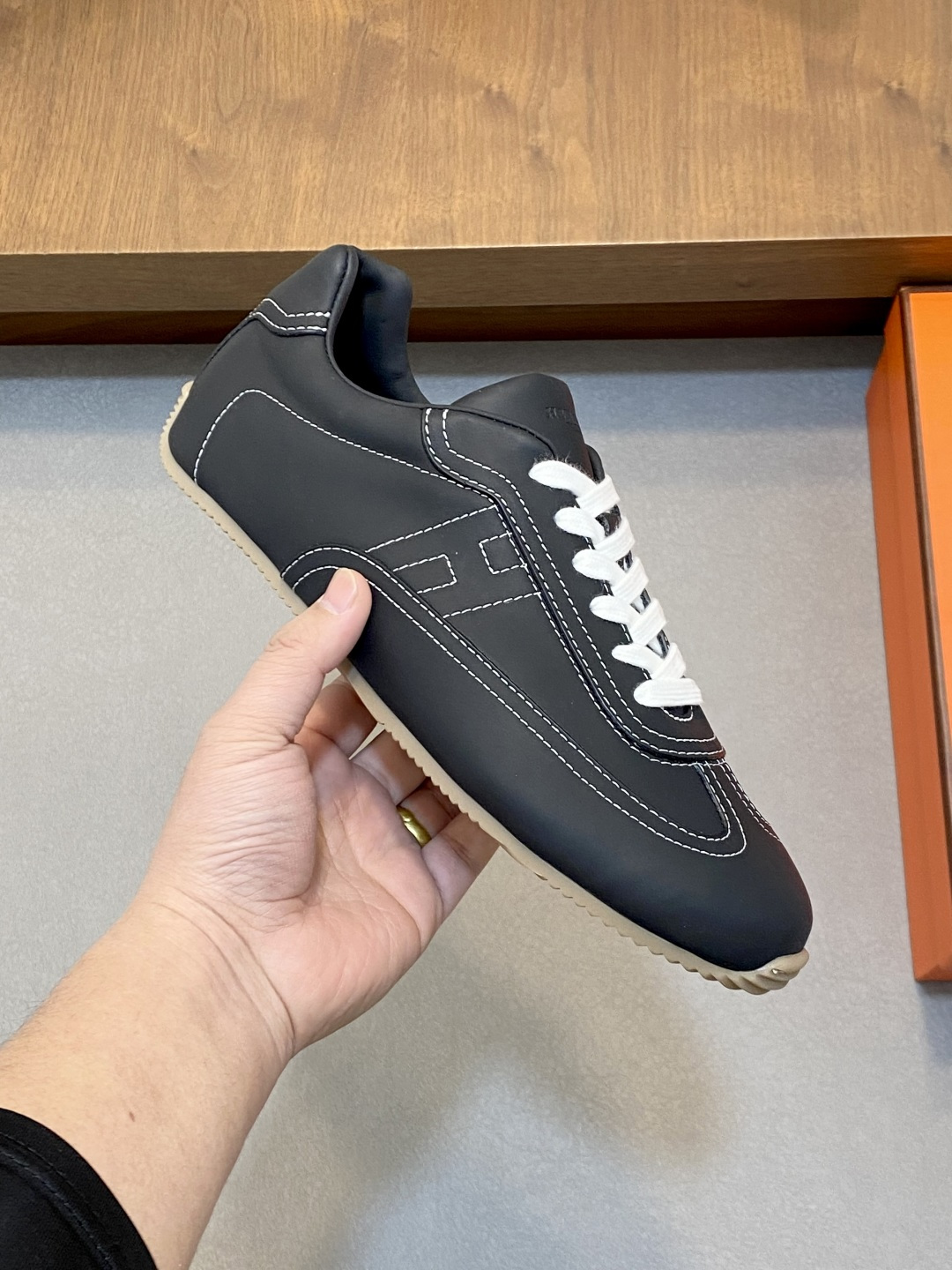 Hermes-Master-Mens-Sneakers-Shoes-Black-Calfskin-Leather-39To46