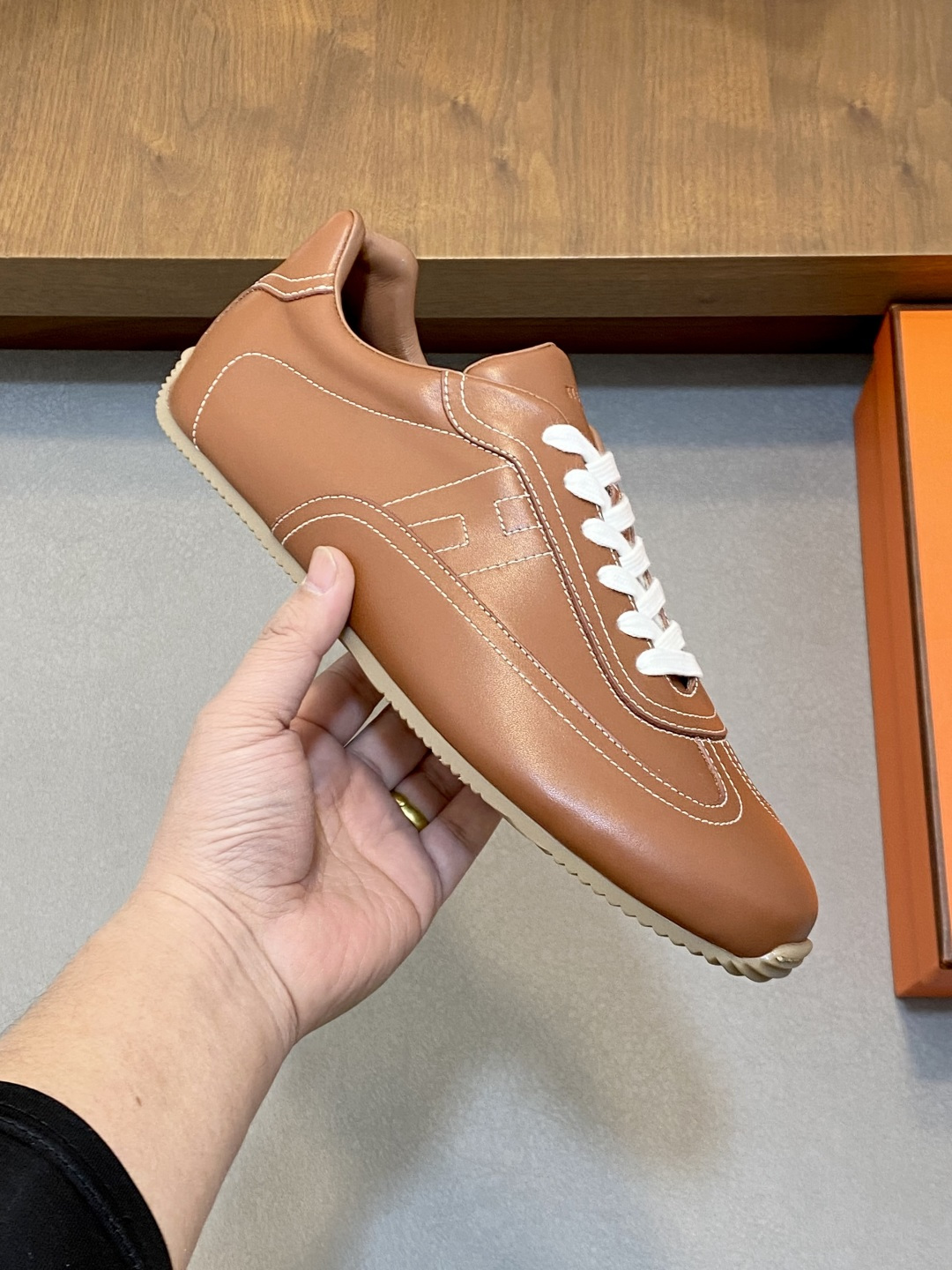 Hermes-Master-Mens-Sneakers-Shoes-Brown-Calfskin-Leather-39To46