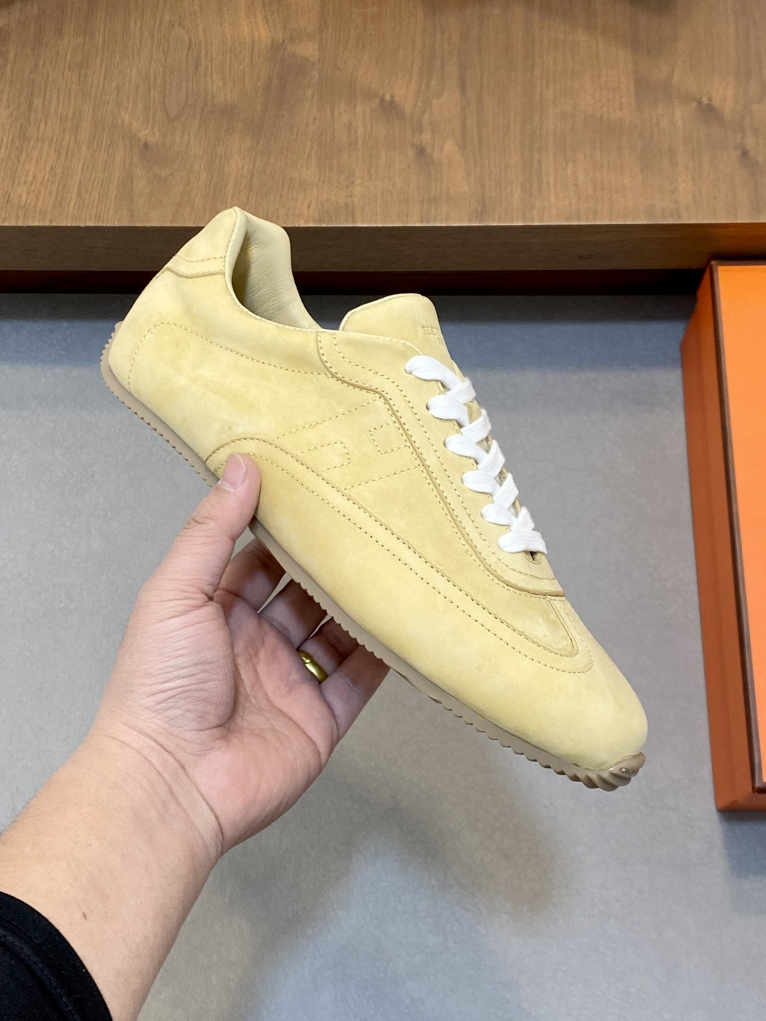 Hermes-Master-Mens-Sneakers-Shoes-Light-Yellow-Suede-Goatskin-Leather-39To46