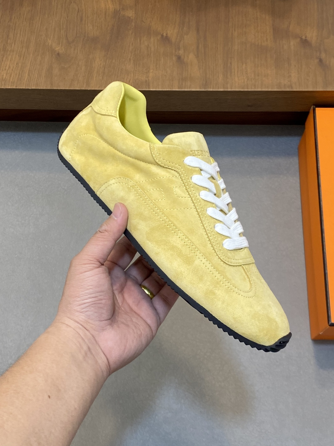 Hermes-Master-Mens-Sneakers-Shoes-Yellow-Suede-Goatskin-Leather-39To46